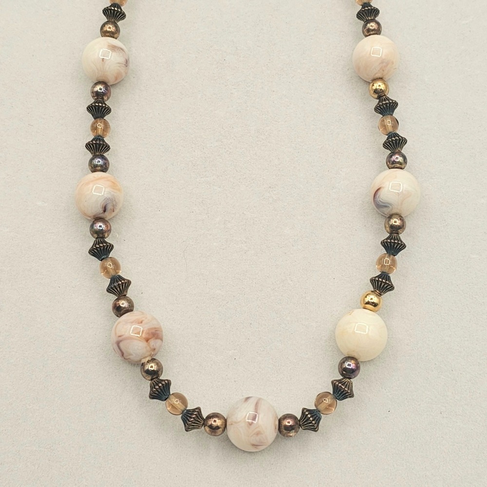 V.A. Swirl Bead Necklace 32" Cream Brown Earthy Tones Acrylic Faux Stone Boho